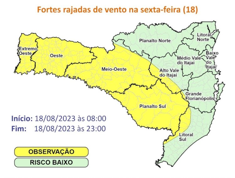 Defesa Civil do Estado alerta para fortes rajadas de vento nesta sexta em SC